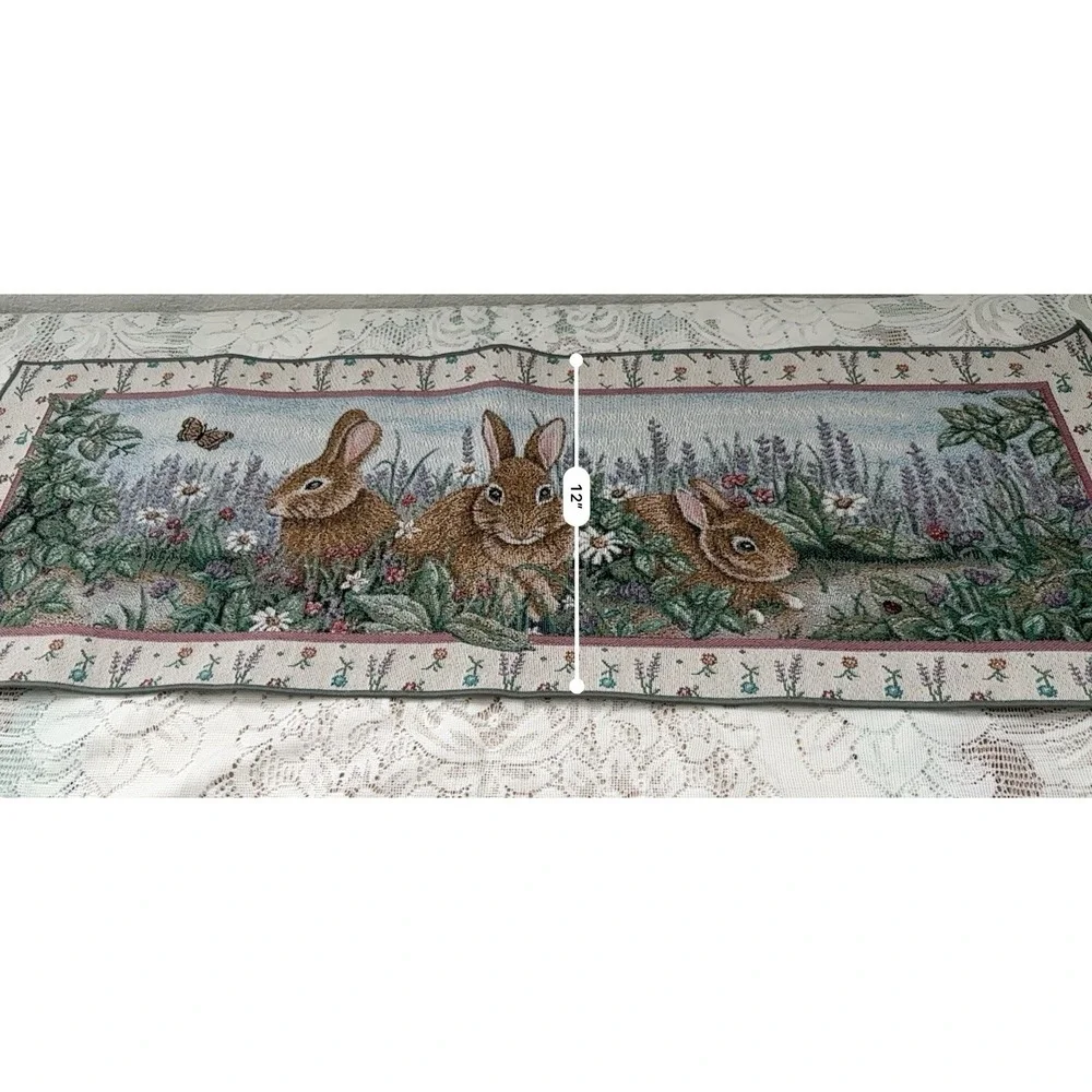 Woodland Bunny Rabbit Floral Woven Tapestry Table Runner Spring Easter Decor